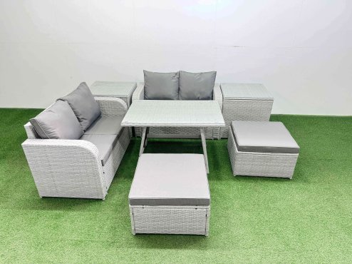 Fimous 6 Seater Outdoor Love Sofa Set Rattan Garden Furniture Set with Rectangular Dining Table 2 Side Tables 2 Big Footstool Light Grey