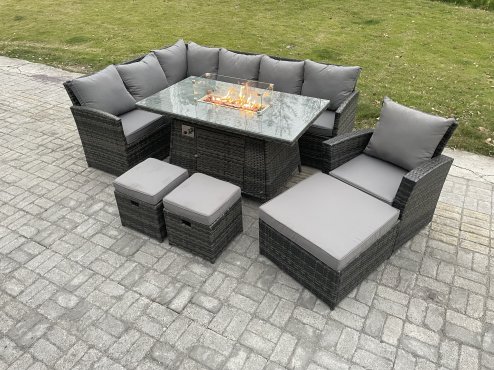 Fimous 10 Seater Outdoor Rattan Garden Furniture Set Corner Sofa Gas Fire Pit Dining Table Sets Gas Heater with 3 Footstools Armchair Dark Grey Mixed