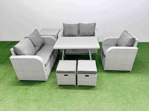 Fimous 7 Seater Outdoor Rattan Garden Furniture Set Love Sofa Reclining Chair Set with Rectangular Dining Table Side Table 2 Small Footstools Light Grey