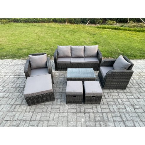 Fimous 8 Seater Rattan Garden Furniture Set Patio Outdoor Lounge Sofa Set with Rectangular Coffee Table 3 Footstools 3 Seater Sofa Dark Grey Mixed