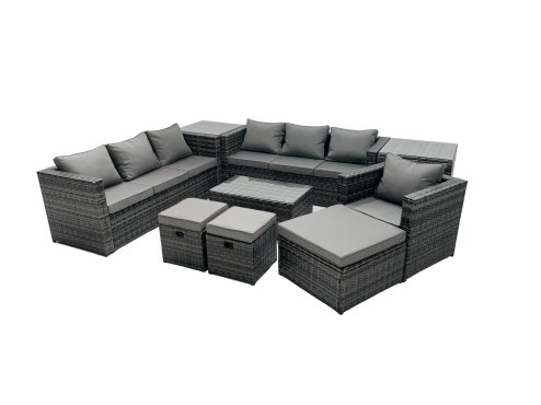 Fimous Rattan Garden Furniture Dining Set 10-seater Patio Coffee Table Sofa Set with 3 Stools 2 Side Tables Dark Grey Mixed