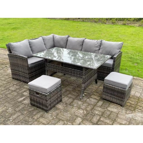 High Back Dark Mixed Grey Rattan Corner Sofa Set Outdoor Furniture Rectangular Dining Table 2 Small Footstools 8 Seater
