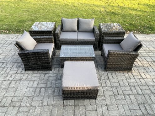 Fimous 5 Seater Outdoor Lounge Sofa Set Wicker PE Rattan Garden Furniture Set with Rectangular Coffee Table Double Seat Sofa 2 Side Tables Big Footstool Dark Grey Mixed