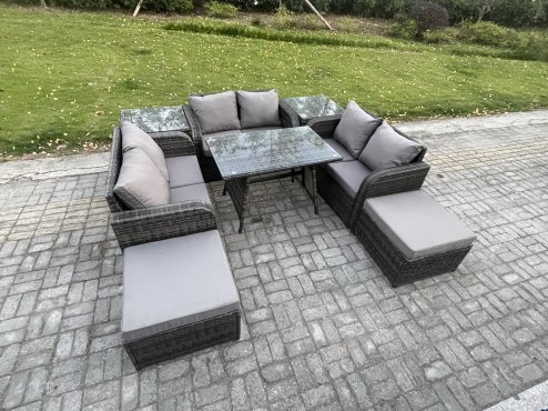 Fimous Outdoor Rattan Garden Furniture Set 8 Seater Patio Love Sofa Set with Rectangular Dining Table 2 Big Footstool 2 Side Tables Dark Grey Mixed