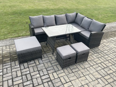 Fimous Outdoor Furniture Garden Dining Set Rattan Corner Sofa Set Rectangular Dining Table with Temper Glass 3 Footstools Dark Grey Mixed