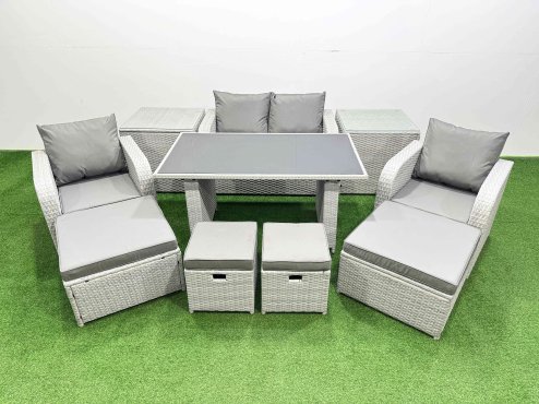 Fimous 8 Seater Patio Garden Furniture Sets with Dining Table Love Sofa 2 Side Tables 4 Stools Light Grey