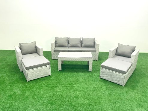 Fimous Rattan Garden Furniture Set 7 Seater Outdoor Garden Sofa 2 Chairs Oblong Coffee Table Set with 2 Stools Light Grey Mixed