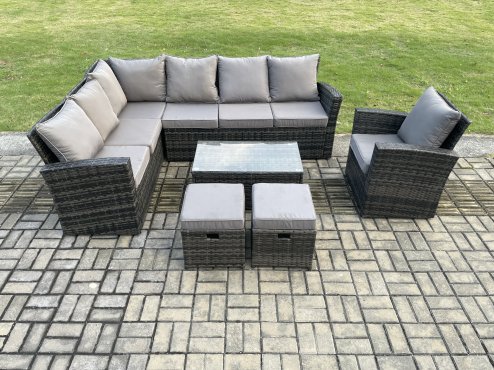 Fimous 9 Seater Outdoor Furniture Garden Dining Set Rattan Corner Sofa Set with Rectangular Coffee Table 2 Small Footstools Dark Grey Mixed