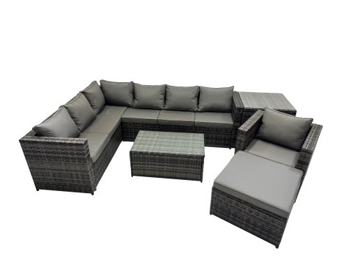 Fimous Outdoor Rattan Rectangular Coffee Table Corner Sofa Sets Garden Furniture Set with Side Table Big Stool Dark Grey Mixed