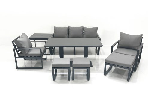 Fimous 8 Seater Aluminium Outdoor Garden Furniture Set with Adjustable Rising Lifting Dining Table 3 Seater Sofa 2 Chair 3 Footstool Side Table Dark Grey