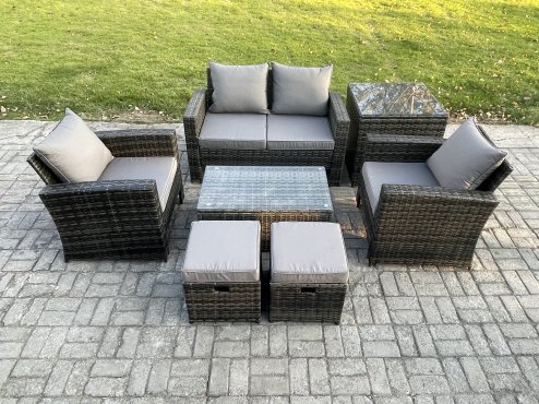 Fimous Outdoor Lounge Sofa Set Wicker PE Rattan Garden Furniture Set with Rectangular Coffee Table Double Seat Sofa Side Table 2 Small Footstools Dark Grey Mixed