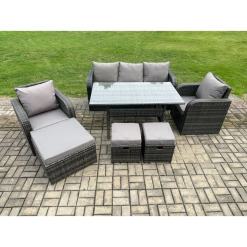 Fimous 8 Seater Rattan Outdoor Garden Furniture Set Rectangular Dining Table and Chair Sofa Set With 3 Footstools Dark Grey Mixed