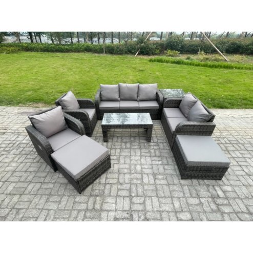 Fimous 9 Seater Outdoor Rattan Garden Furniture Set Rattan Lounge Sofa Set with Rectangular Coffee Table Side Table 2 Big Footstool Dark Grey Mixed