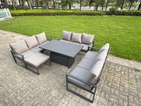 Fimous U-shaped Garden Furniture Set 9-Seater Aluminium Outdoor Dining Set with Adjustable Rising Lifting Dining Table 2 Side Tables Dark Grey