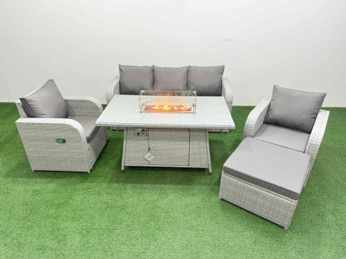 Fimous PE Rattan Garden Furniture Set Reclining Chair Sofa Lounge Sofa Set Firepit Dining Table Big Footstool Light Grey Image