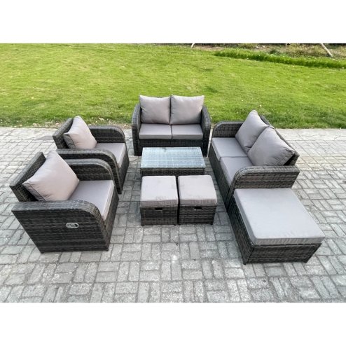 Fimous 9 Seater Rattan Garden Furniture Set Patio Outdoor Lounge Sofa Set with Rectangular Coffee Table 3 Footstools Love Sofa Dark Grey Mixed