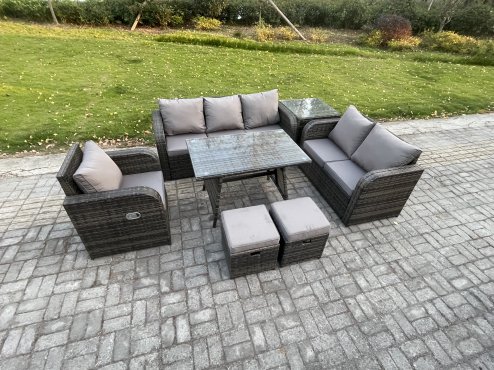 Fimous 8 Seater Outdoor Rattan Garden Furniture Set Patio Lounge Sofa Set with Dining Table Side Table 2 Small Footstools Dark Grey Mixed