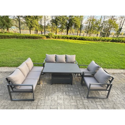 Fimous Garden Aluminium Furniture Set Dark Grey 10 Seater Outdoor Patio Adjustable Rising Lifting Dining Table with 3 Footstools 2 Side Tables Dark Grey