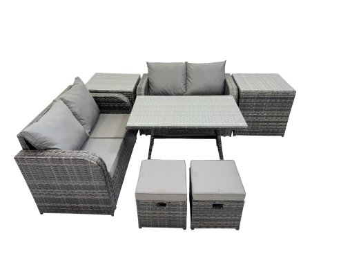 Fimous 6 Seater Garden Outdoor Rattan Furniture Set Rattan Sofa Oblong Dining Table with 2 Small Footstools 2 Side Table Dark Grey