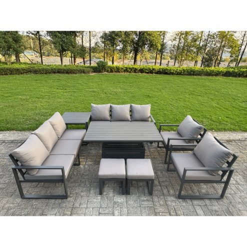 Fimous 7 Piece Garden Furniture Set 10-Seater Aluminium Outdoor Dining Set with Adjustable Rising Lifting Dining Table & Cushions Dark Grey