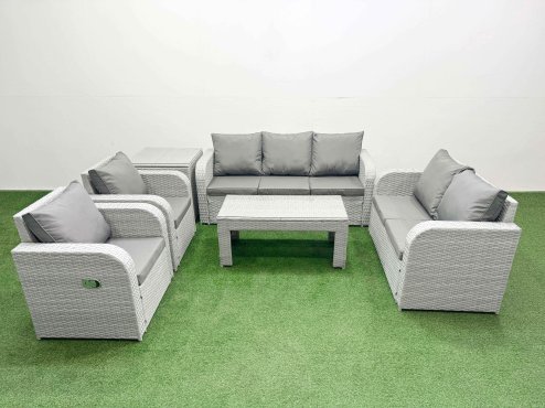 Fimous PE Rattan Garden Furniture Set Adjustable Chair Sofa Double Love Seat 2 Seater Sofa Lounge Set Rectangular Coffee Table Side Table Light Grey