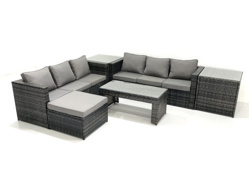 Fimous Garden Outdoor Rattan Furniture Set with Sofa Coffee table Big Footstool 2 Side Tables Dark Grey Mixed