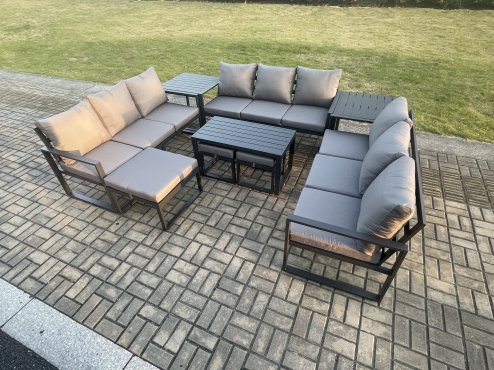 Fimous Aluminium Outdoor Garden Furniture Set Lounge Sofa Oblong Coffee Table 3 Footstools 2 Side Tables Sets with Cushions Dark Grey 12 Seater