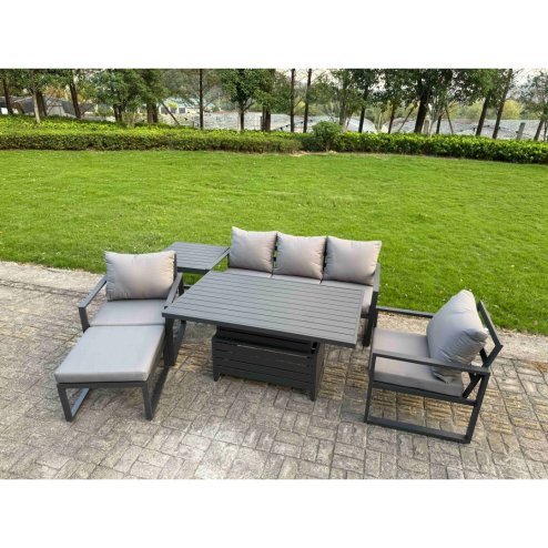 Fimous 5-Piece Aluminium Garden Furniture Sets 6 Seater Outdoor Sofa Set with Adjustable Rising Lifting Dining Table 2 Chairs Big Footstool