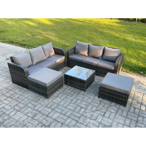 Fimous Indoor Outdoor Rattan Garden Furniture 8 Seater Set Table Sofa Chair Patio Conservatory with Grey Cushions 2 Big Footstool
