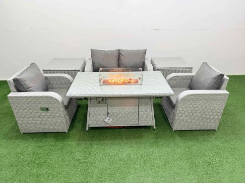 Fimous Light Grey PE Wicker Rattan Garden Furniture Set Sofa Set Reclining Chair Firepit Dining Table 4 Seater With 2 Side Table