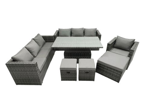 Fimous Rattan Dining Table Sofa Set with 3 Footstool Armchair Outdoor 10 Seat Garden Furniture Set Dark Grey Mixed