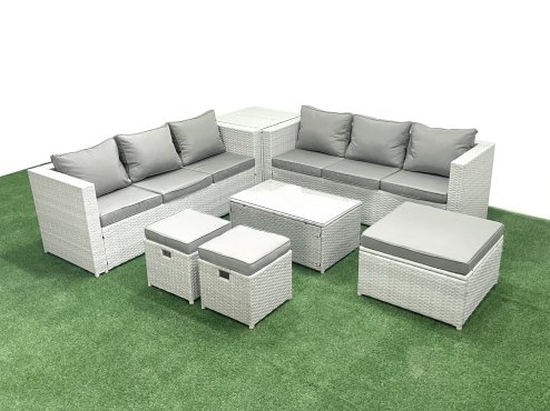 Fimous Garden Outdoor PE Rattan Furniture Set 9 Seater Rattan Garden Sofa Set with 3 Footstools Side Table Light Grey Mixed