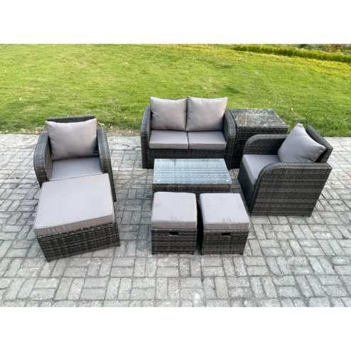 Fimous Wicker PE Rattan Outdoor Furniture Set Garden Love Sofa Coffee Table 2 Armchair 3 Footstools Side Table Dark Grey Mixed