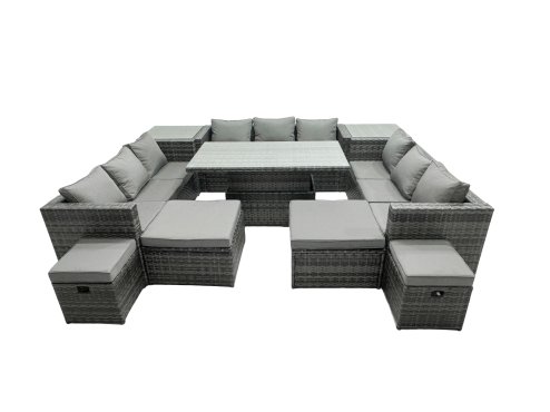 Fimous Rattan Dining Table Sofa Set with 2 Side Tables 4 Stools Outdoor 13 Seat Garden Furniture Set Dark Grey Mixed