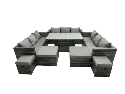 Fimous Rattan Dining Table Sofa Set with 4 Stools Outdoor 13 Seat Garden Furniture Set Dark Grey Mixed