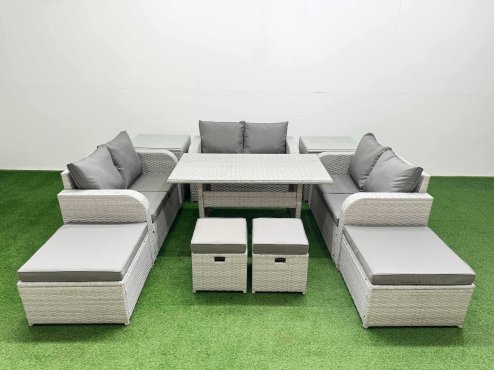 Fimous PE Rattan Lounge Sofa Set 10 Seater Outdoor Garden Furniture Set with Dining Table Love Sofa 2 Big Footstools 2 Small Stool 2 Side Tables Light Grey