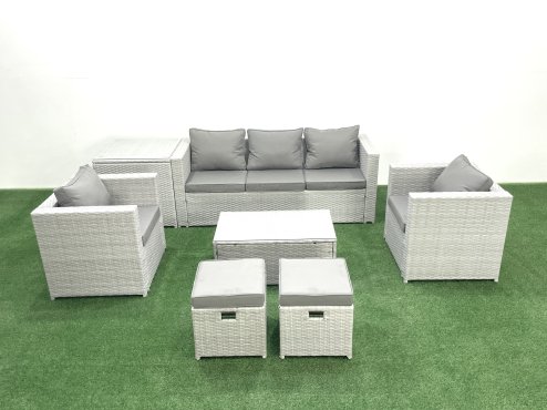 Fimous 7 Seater Rattan Garden Furniture Set with 3 Seater Sofa 2 Chair Rectangular Coffee Table 2 Small Footstools Side Table Light Grey Mixed