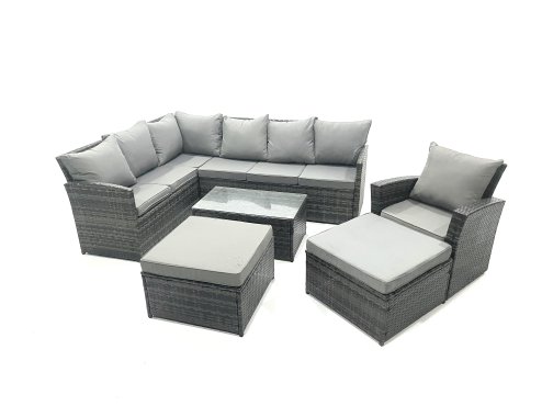 Fimous 9 Seater Rattan Lounge Corner Sofa Set Wicker PE Outdoor Garden Furniture Set with Coffee Table 2 Big Fotstools Dark Grey Mixed