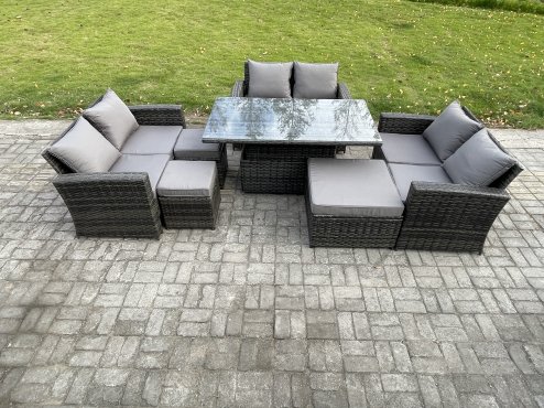Fimous Wicker PE Rattan Garden Furniture Set Height Adjustable Rising Lifting Table Sofa Dining Set with Double Seat Sofa 3 Footstools Dark Grey Mixed