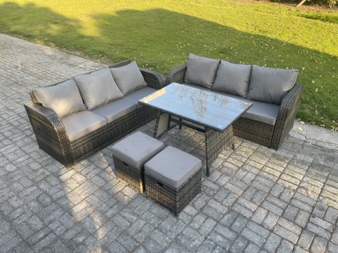 Fimous 8 Seater Garden Furniture Sofa Set Rectangular Dining Table 2 Small Footstool Indoor Outdoor Rattan Set Dark Grey Mixed
