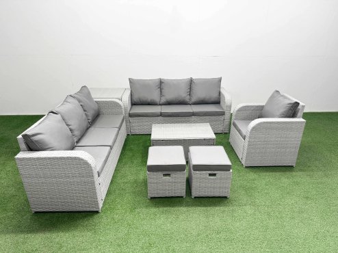 Fimous 9 Seater Poly Rattan Outdoor Garden Furniture Sofa Set Patio 3 Seater Sofa Reclining Chair 3 Seater Sofa Stools Side Table Light Grey Image