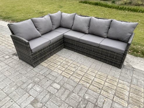 Fimous 7 Seater Rattan Garden Furniture Sets High Back Corner Sofa Height Adjustable Rising Lifting Table Set with Big Footstool Dark Grey Mixed