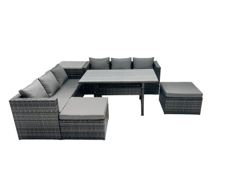 Fimous Outdoor Dining Table Sofa Set with Side Table Big Footstool Garden Furniture Set Dark Grey Mixed