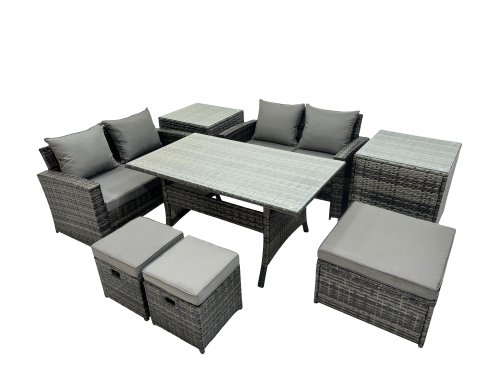 Fimous 7 Seater Wicker PE Rattan Furniture Outdoor Dining Table Double Seat Sofa 2 Side Table 3 Stool Set Dark Grey Mixed
