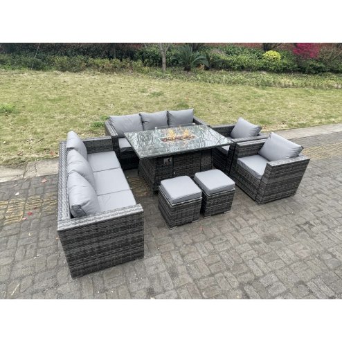 Fimous 10 Seater Outdoor PE Rattan Garden Furniture Gas Fire Pit Dining Table Set Lounge Sofa 2 PC Armchairs With 2 Stools Dark Grey Mixed Patio