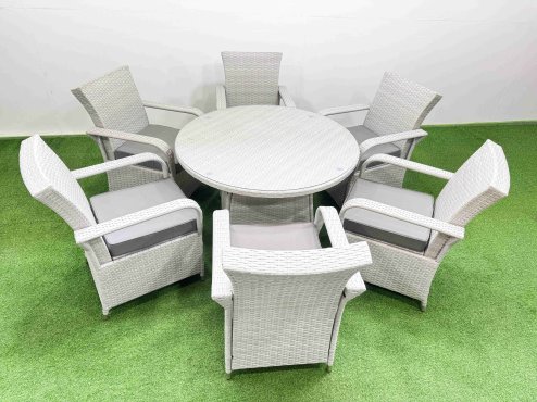 Fimous Wicker PE Rattan Garden Furniture Set Patio Outdoor 6 Chairs Plus Big Round Table Set Light Grey Mixed