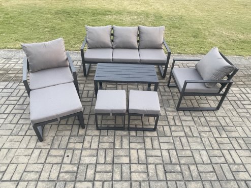 Fimous Aluminium 7 Pieces Garden Furniture Sofa Set with Cushions 8 Seater Outdoor Patio Set with 2 Armchair 3 Footstools Dark Grey