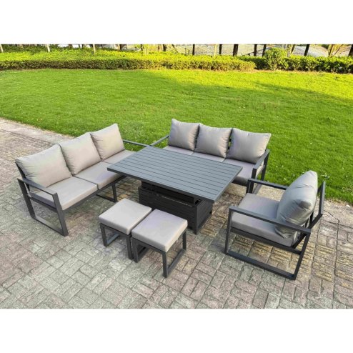 Fimous Aluminium Garden Furniture Sets,8 Seater Outdoor Sofa Dining Set with Adjustable Rising Lifting Dining Table 2 Side Tables Big Footstool for Yard,Poolside, Patio, Dark Grey
