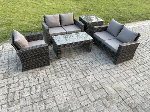 Fimous 5pcs Rattan Outdoor Garden Furniture Sofa Set with Coffee Table Side Table Dark Grey Mixed