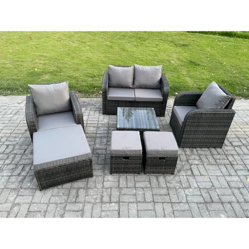 Fimous Rattan Garden Furniture Set Patio Conservatory Indoor Outdoor 7 Piece Set with Love Sofa Square Coffee Table 3 Footstools